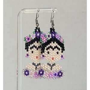 Frida Kahlo Face Handmade Earring Beads Huichol Mexican Icon